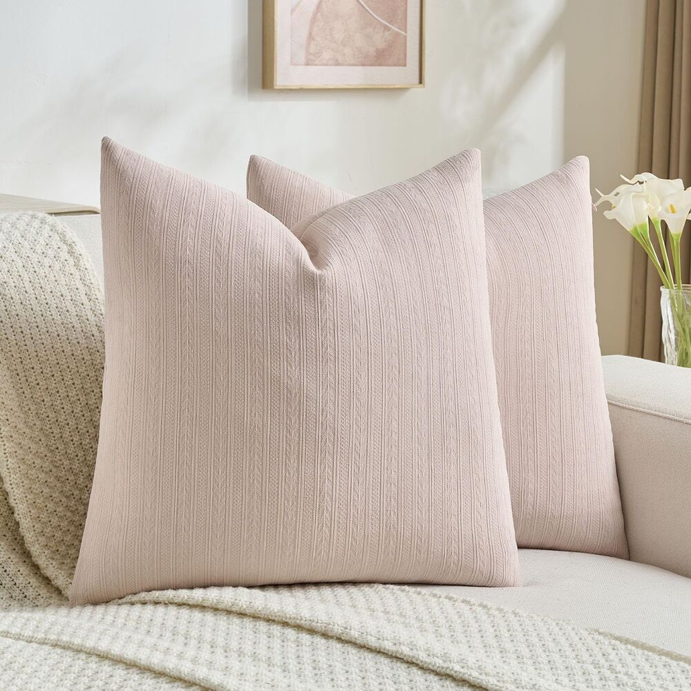 Set of 2, 20x20 Inch Throw Pillow Covers (Pink, Wheat Ear Striped Pattern)